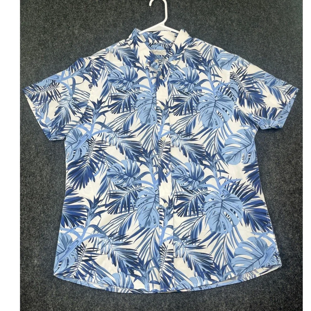 Cotton & Co Tropical Palm Leaf Button Down Shirt Mens Large Blue White Hawaiian